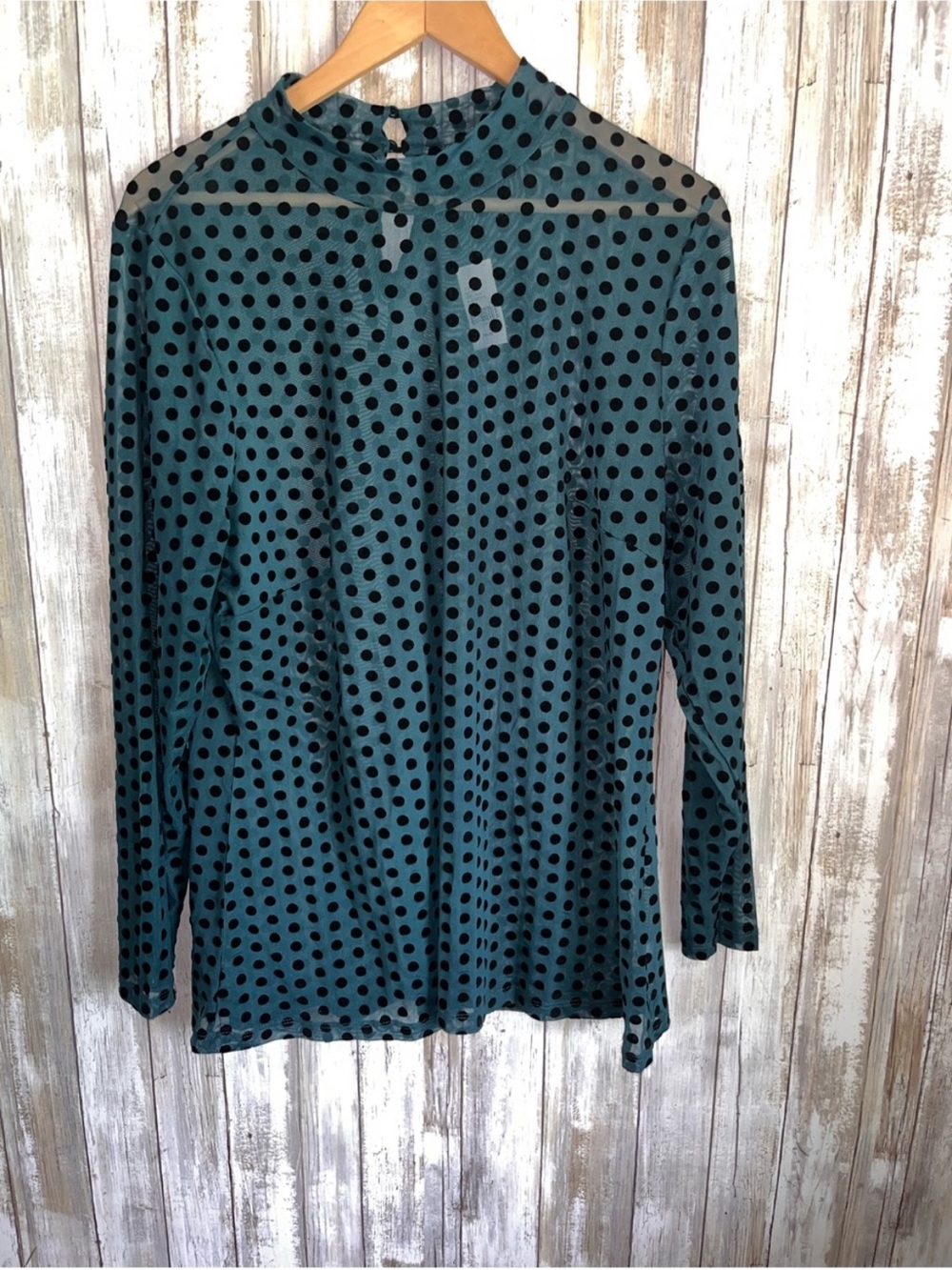 Lane Bryant Teal Velvet Polka Dot Sheer Mesh Mock Neck Top 18/20 - Picture 2 of 6